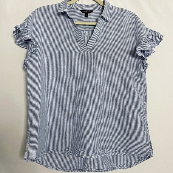 Banana Republic Tops - Banana Republic Linen Blend Pinstripe Ruffle Sleeve Blouse Top